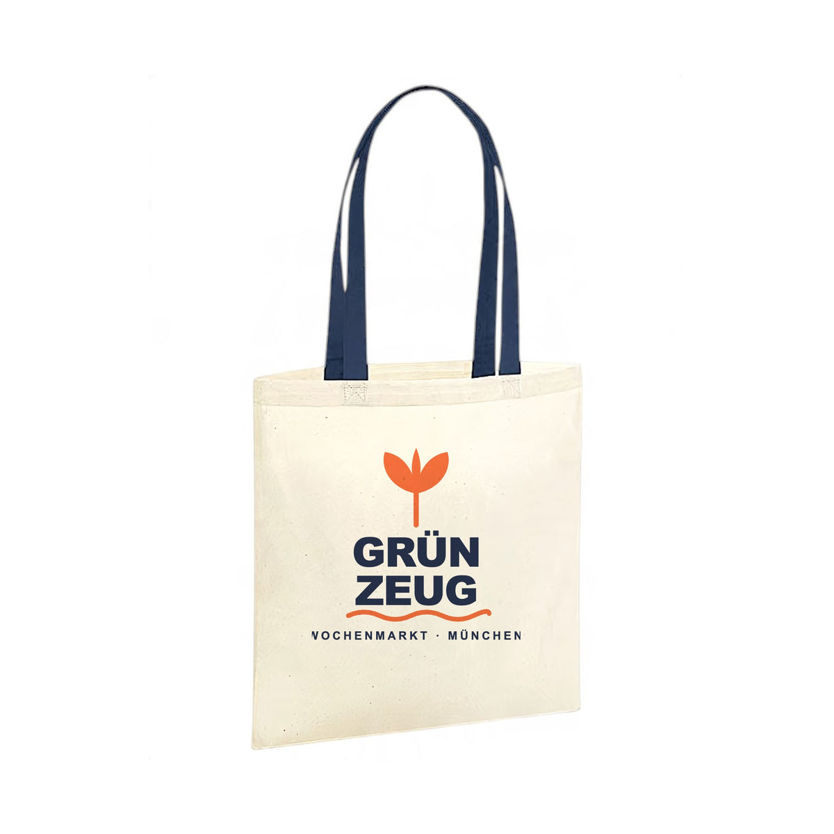 Mit KI bearbeitet: Baumwolltasche Westford Mill WM801C in Natural/French Navy mit 2-farbigem Siebdruck, Vorderansicht