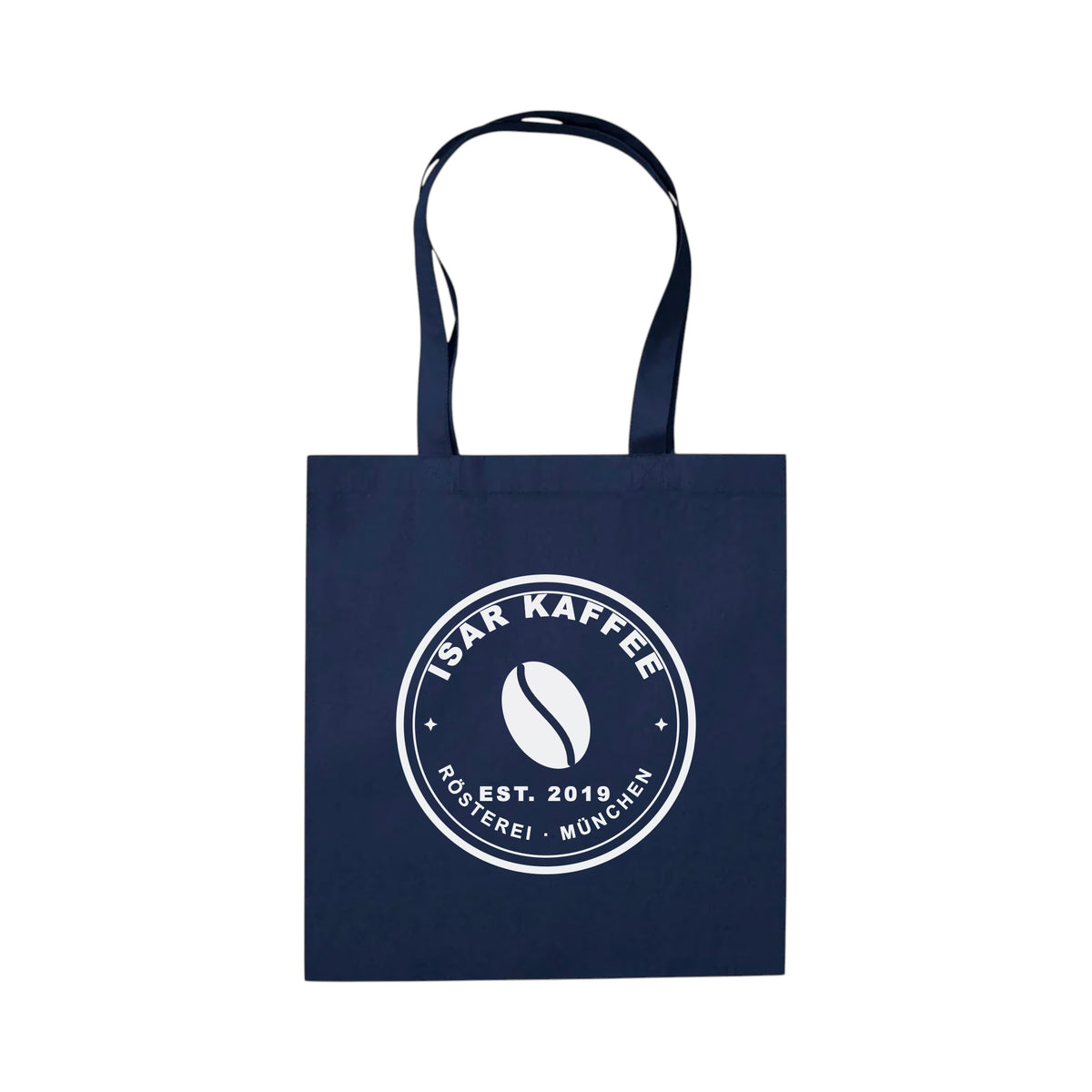 Mit KI bearbeitet: Baumwolltasche Westford Mill WM261 in French Navy mit 1-farbigem Siebdruck, Vorderansicht