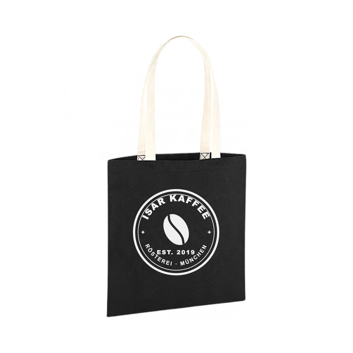 Mit KI bearbeitet: Baumwolltasche Westford Mill WM801C in Black/Natural mit 1-farbigem Siebdruck, Vorderansicht