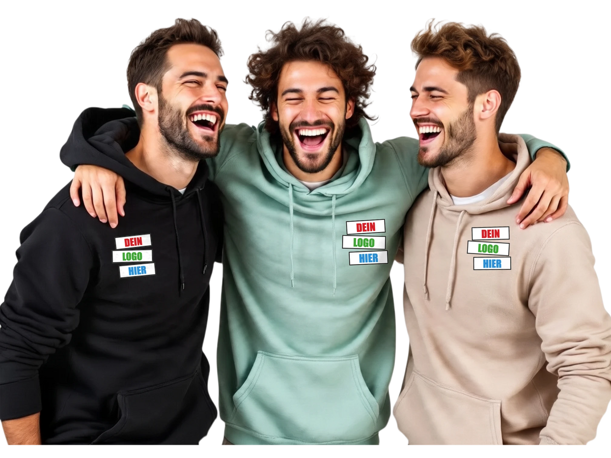 KI-generiert: Drei lachende Freunde Arm in Arm in Hoodies in Schwarz, Mint und Beige mit Logo auf der Brust