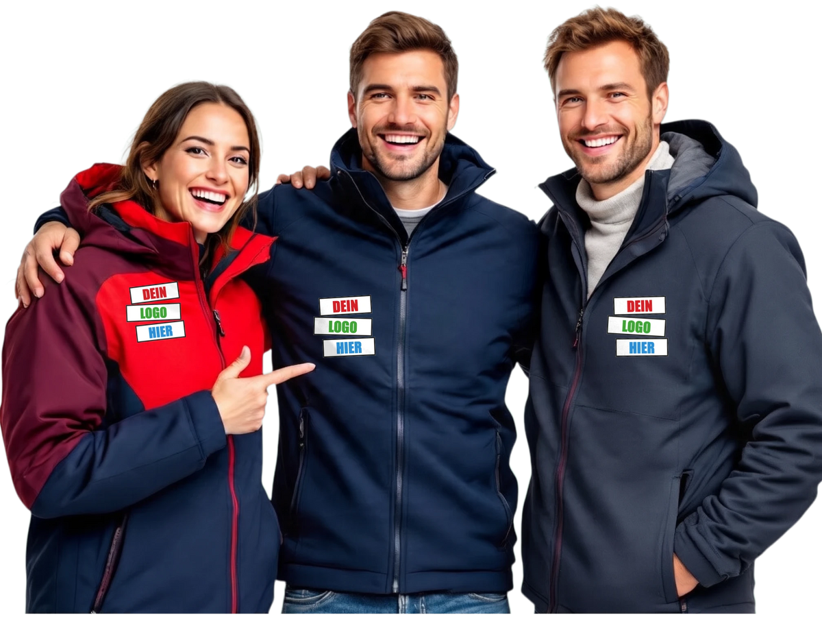 KI-generiert: Drei gut gelaunte Kollegen in Outdoorjacken in Rot und Navy mit Logo auf der Brust