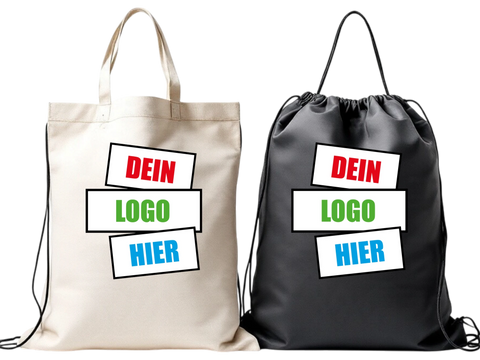 KI-generiert: Naturfarbene Baumwolltasche und schwarzer Turnbeutel mit Logo vorne