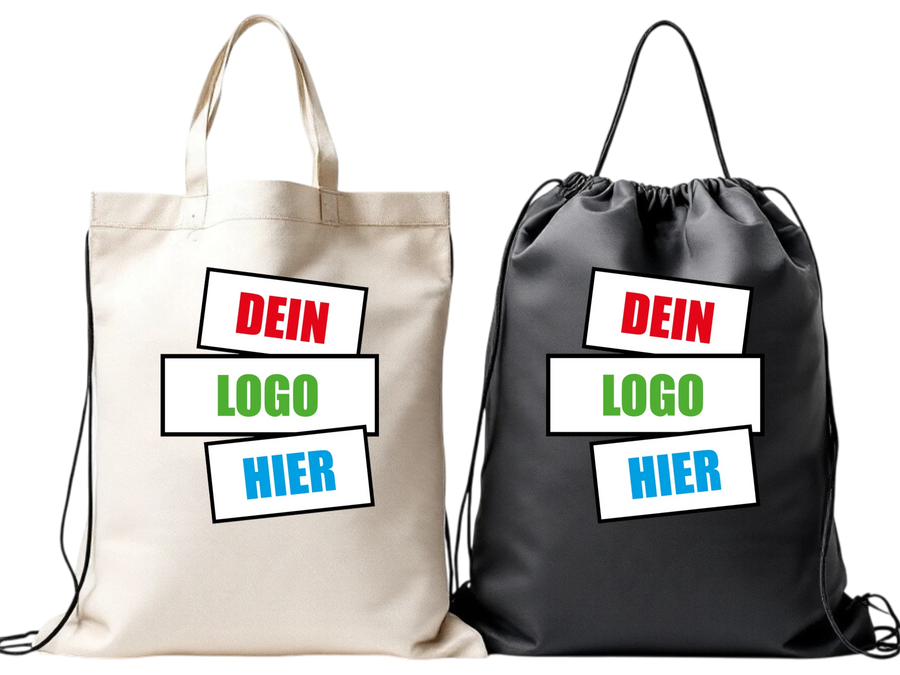 KI-generiert: Naturfarbene Baumwolltasche und schwarzer Turnbeutel mit Logo vorne