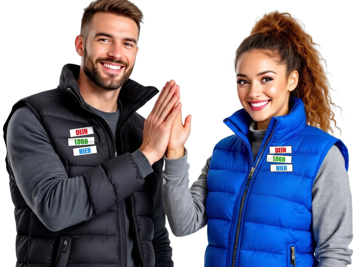 KI-generiert: Zwei Kollegen geben sich ein High Five in Steppwesten in Schwarz und Royalblau mit Logo auf der Brust