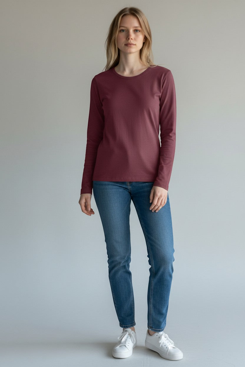 SHIRTPLUS women's long sleeve t-shirt in burgundy, made from 100% cotton with a modern fit and crew neck.