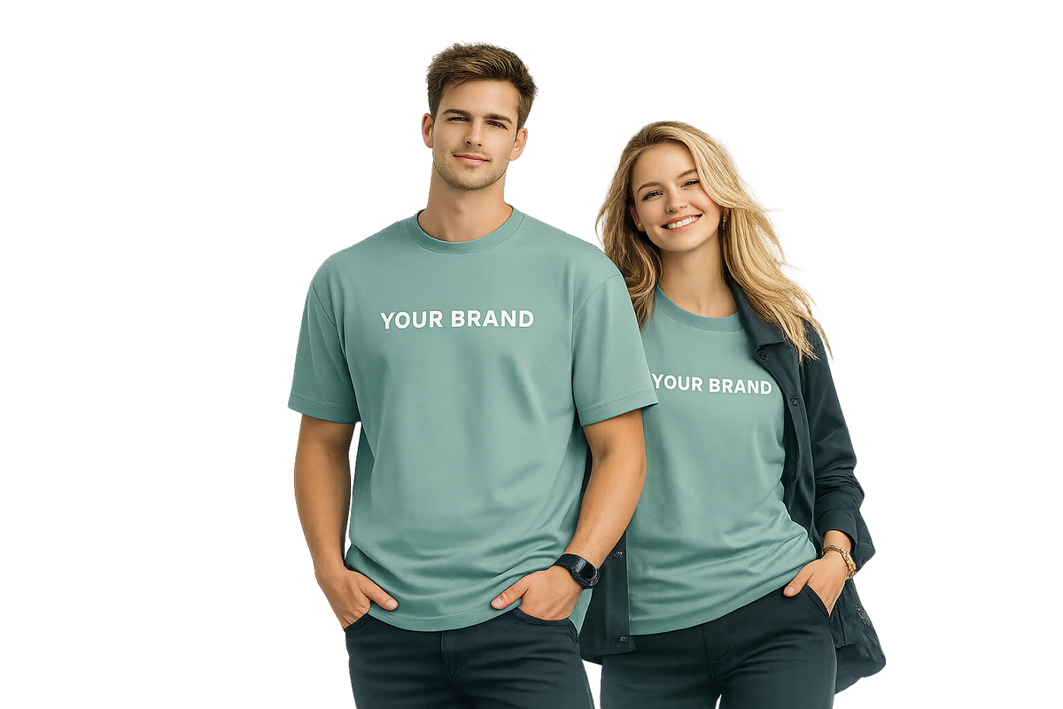 Zwei Models in mintfarbener Firmenkleidung als KI-generierte Visualisierung