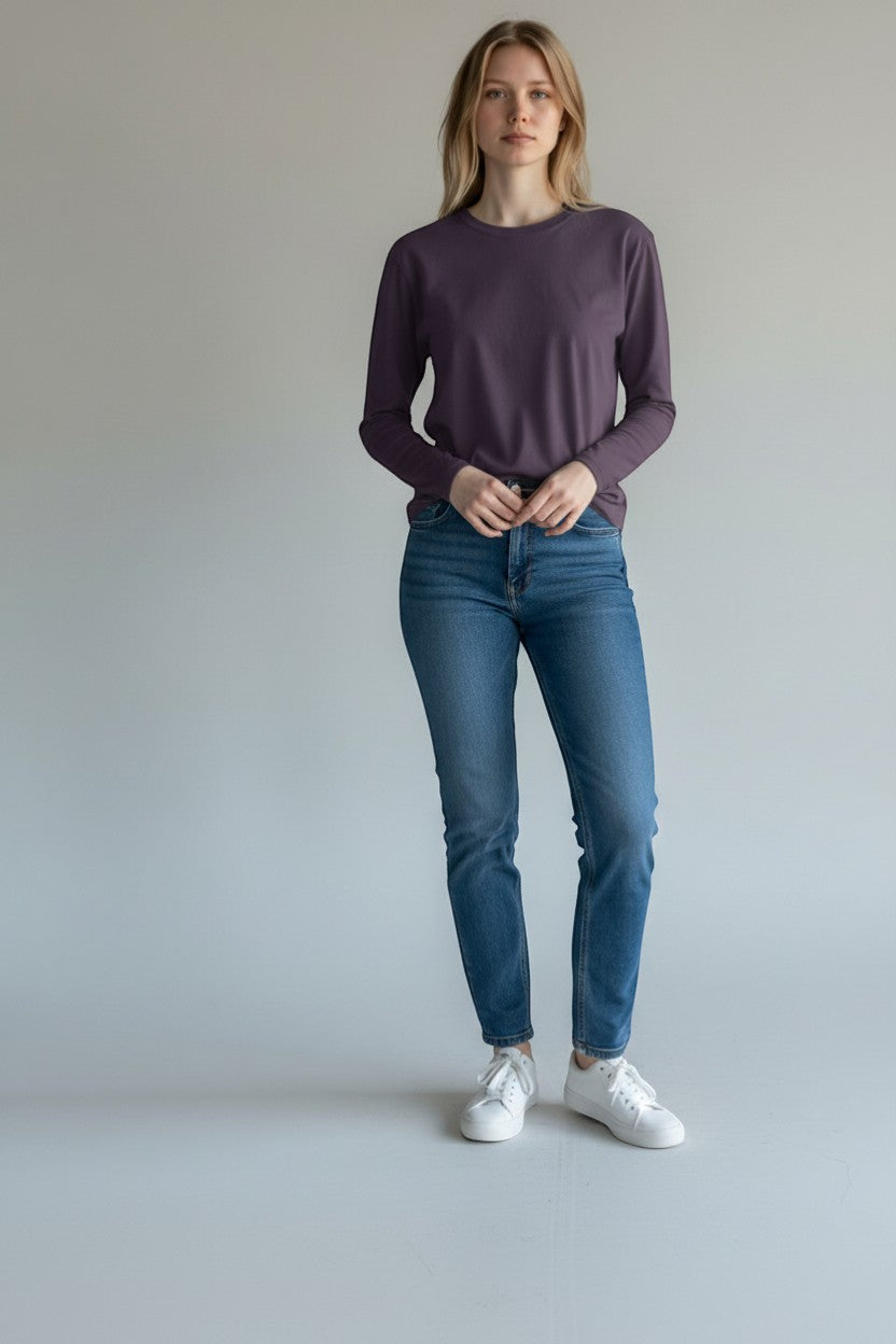 SHIRTPLUS women's long sleeve t-shirt in deep purple, made from 100% cotton with a modern fit and crew neck.