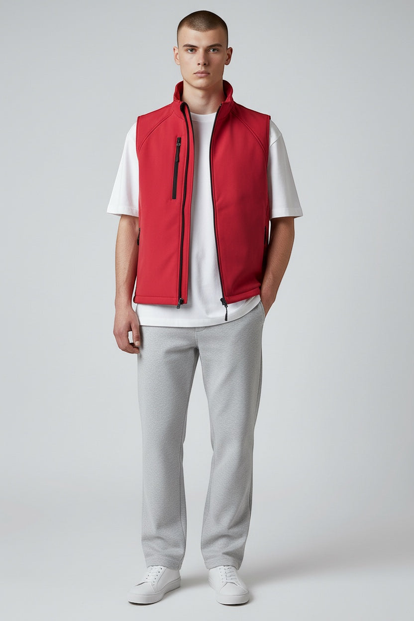 SHIRTPLUS Men's red softshell gilet with black zippers, breathable, windproof, water-repellent, fleece-lined.