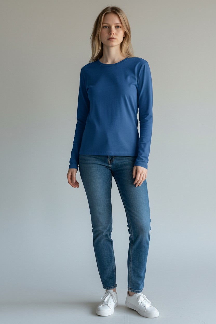 SHIRTPLUS women's royal blue 100% cotton long sleeve t-shirt with crew neck and modern fit.