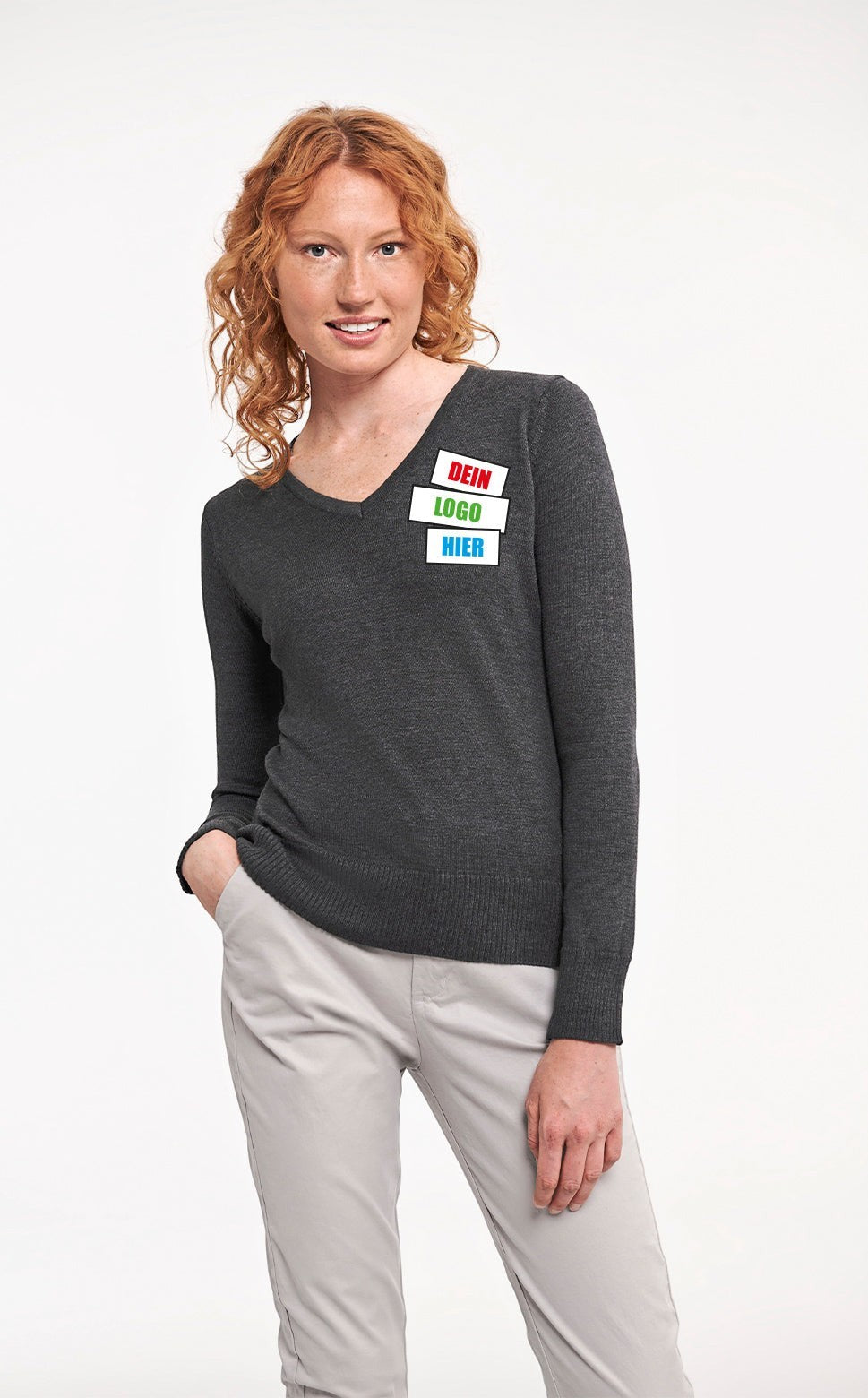 SHIRTPLUS Strickpullover für Damen mit V-Ausschnitt aus pflegeleichtem Cotton Blend™ Material in Anthrazitgrau