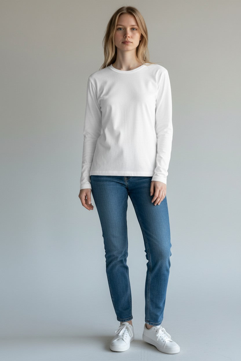 SHIRTPLUS white 100% cotton women's long sleeve t-shirt with crew neck and modern fit.