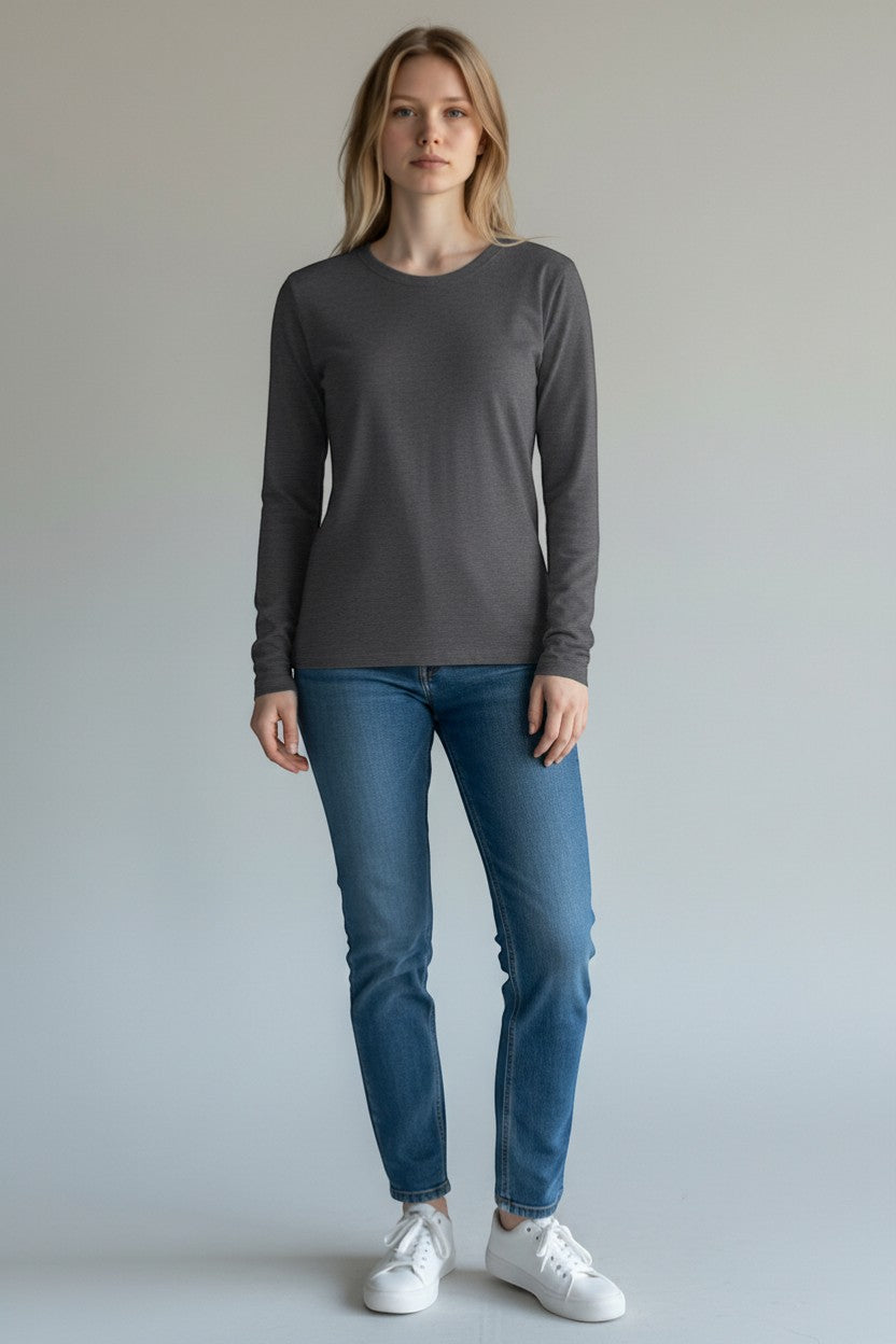 SHIRTPLUS women's dark grey 100% cotton long sleeve t-shirt with crew neck and side seams.