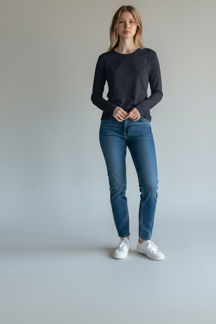 SHIRTPLUS women's dark navy long sleeve t-shirt, 100% cotton, crew neck, modern fit, suitable for layering.